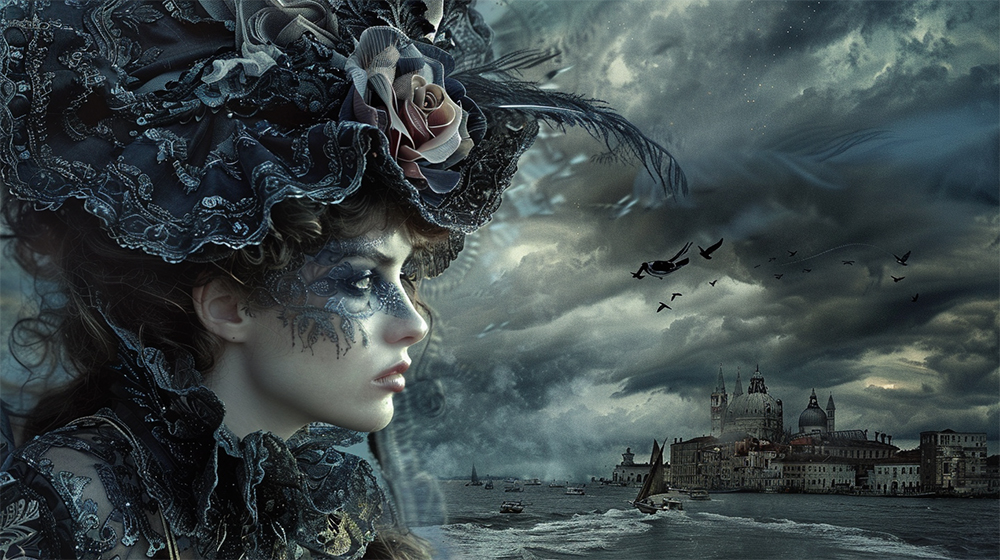 Eliza and stormy city landscape.